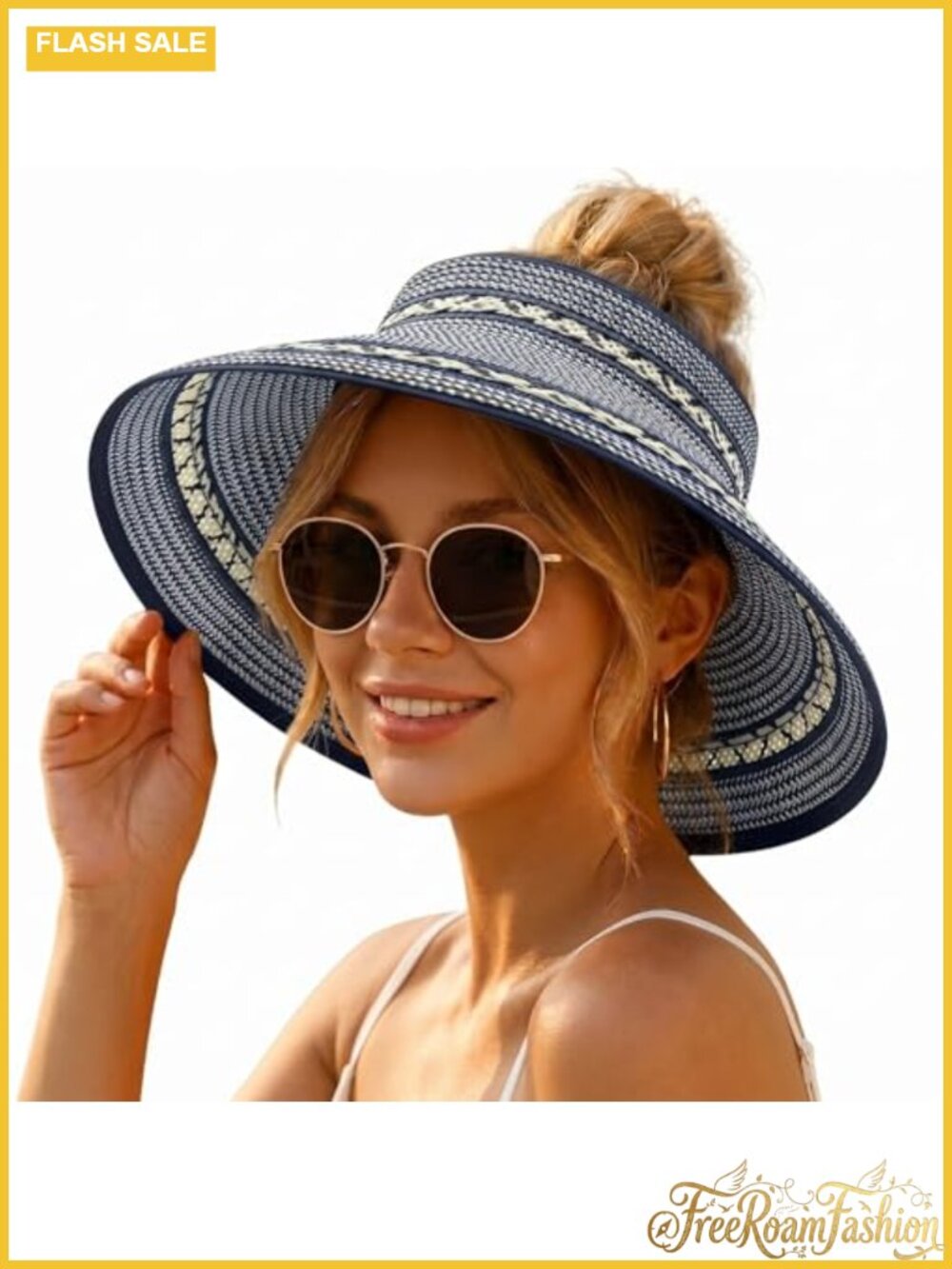 Wide Brim Straw Sun Hat Foldable Ponytail Beach Travel UPF 50+